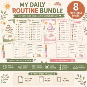 Puede incluir: Un paquete de rutina diaria con 8 páginas imprimibles en tonos verde salvia y rosa. Incluye tablas de rutinas, planificadores semanales y rastreadores de hábitos con iconos, texto y gráficos de arcoíris. Muestra tamaños de impresión de 21,6 x 27,9 cm.