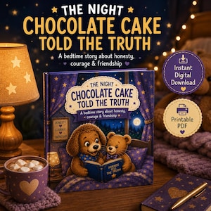 Puede incluir: Un libro infantil titulado "The Night Chocolate Cake Told the Truth" con ilustraciones de un perro y un oso leyendo. La portada del libro presenta una escena nocturna con estrellas y una luna. También se ve una taza de chocolate caliente y una lámpara.