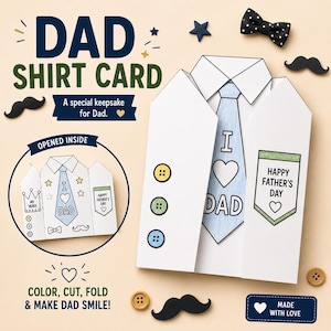 Puede incluir: Un kit de manualidades para hacer una tarjeta con forma de camisa de papel, que incluye una camisa blanca con una corbata azul que dice I LOVE DAD, un bolsillo verde con el texto HAPPY FATHER'S DAY y tres botones de colores. Incluye bigotes.