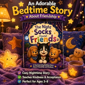 Puede incluir: Un libro infantil titulado "The Night Socks Found Friends" con ilustraciones de un perro, un gato y un oso. La portada presenta el texto "An Adorable Bedtime Story About Friendship". La imagen incluye luces en forma de estrella y una manta morada.