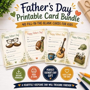 Puede incluir: Un paquete de tarjetas imprimibles para el Día del Padre con 40 tarjetas para rellenar por niños. Las tarjetas muestran ilustraciones de gafas, un bigote, un balón de fútbol americano, una corbata, una guitarra, una taza y herramientas.