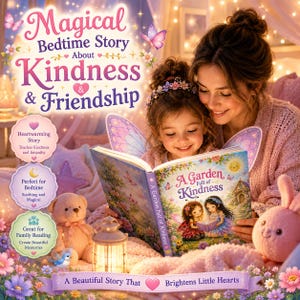 Puede incluir: Una madre y un niño leen un libro titulado "A Garden Full of Kindness". La portada del libro presenta ilustraciones de dos niñas. La imagen está rodeada de texto que dice "Magical Bedtime Story About Kindness & Friendship."