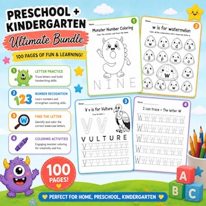 100 Page Preschool Kindergarten Bundle, Alphabet Tracing, Number Worksheets, Homeschool Printable Activity Book, Pre-K PDF Instant Download