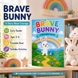 Puede incluir: Un libro infantil titulado Brave Bunny: A Story About Courage, que muestra un conejo blanco, un arcoíris y un pájaro azul en la portada. La imagen incluye texto con características como Early Reader, Ages 3-6, Printable Book e Includes Activities.
