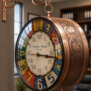 May include: A double-sided wall clock with a copper-toned metal frame featuring an embossed floral pattern. The clock face displays Roman numerals in the centre and colourful, distressed Arabic numerals around the perimeter, with the text Franklin & Murphy EST 1866.