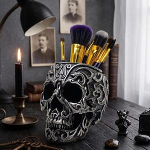 Gothic Skull Decor Makeup Brush Holder Desk Organizer and Succulent Flowerpot