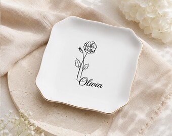 Personalized Birth Flower Ring Dish, Custom Name Ceramic Jewelry Tray, Minimalist Trinket Dish, Bridesmaid Gift, Birthday Gift for Her