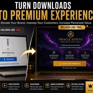 May include: An advertisement showing two laptops, one with a basic download and the other with a premium portal. The image promotes turning downloads into premium experiences. Text includes "Elevate Your Brand" and "Make Your Business Look Premium".