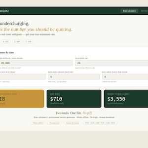Pode incluir: Uma interface de site com uma calculadora para planejamento financeiro. A página apresenta o texto "Stop undercharging" e "This is the number you should be quoting". A interface inclui campos para renda, taxa de imposto e taxas horárias.