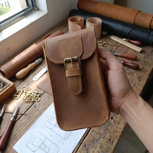 Handmade Crazy Horse Leather Phone Crossbody Bag | Vintage Pull-Up Leather Shoulder Pouch with Card Slots