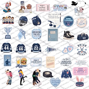 Könnte beinhalten: Eine Sammlung von Aufklebern und Illustrationen zum Thema Hockey. Enthält Hockeytrikots, Schlittschuhe, eine Umkleideraumtür, eine Hockeytasche und Texte wie "Breaking the Ice" und "Hockey Romance Book Club."