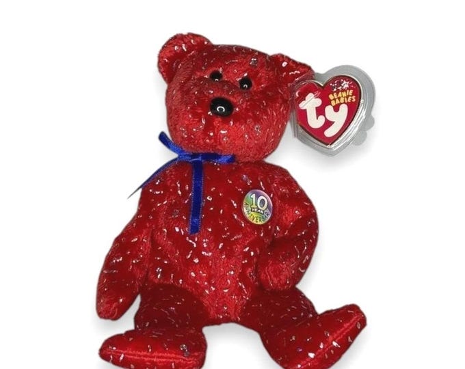 Decade the Bear | Red Anniversary Celebration | Mint Heart Tag TY Beanie Baby