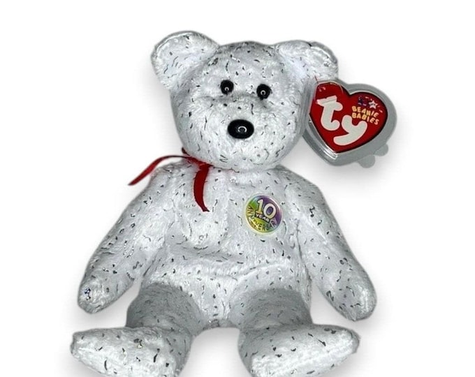 Decade the Bear | White Sparkle Anniversary Bear | Mint Heart Tag TY Beanie Baby