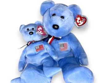 America the Bear TY Buddy & Baby | Patriotic Pride Duo | Mint Heart Tags TY Set