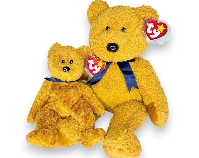 Fuzz the Bear Duo | Cozy Classic | Mint Heart Tags TY Beanie Baby & Buddy Duo