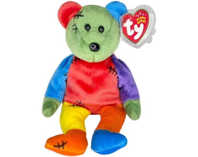 FrankenTeddy the Bear | Orange/Blue Feet | Mint Heart Tag TY Beanie Baby