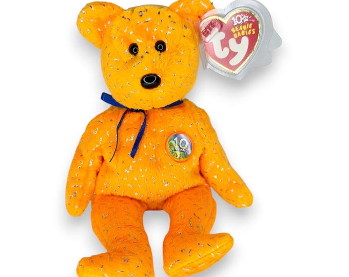 Decade the Bear | Orange 10th Anniversary Bear | Mint Heart Tag TY Beanie Baby