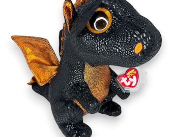 Merlin the Dragon | Medium Midnight Fire Dragon | Mint Heart Tag TY Beanie Boo