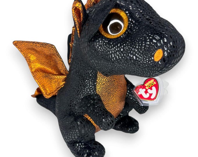 Merlin the Dragon | Medium Midnight Fire Dragon | Mint Heart Tag TY Beanie Boo