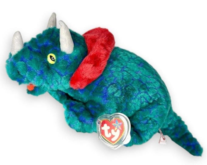 Hornsly the Triceratops | Blue Dino Defender | Mint Heart Tag TY Beanie Buddy