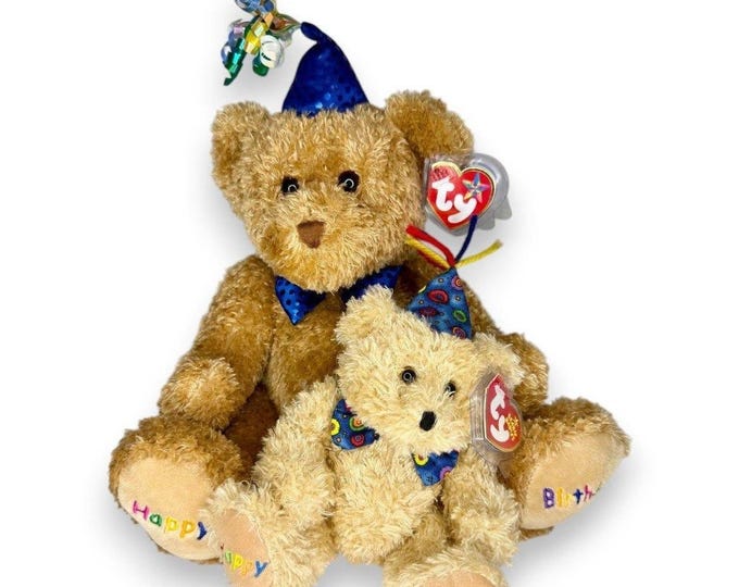 Happy Birthday Bear Duo | Blue Birthday Wishes | Mint Heart Tag TY Beanie Buddy