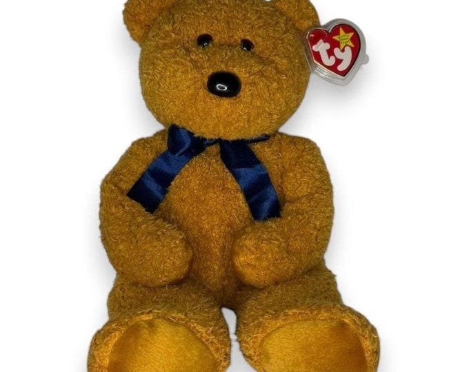 Fuzz the Bear Buddy | Golden Teddy Charm | Mint Heart Tag TY Beanie Buddy