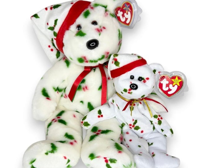 1998 Holiday Teddy Duo | Holly Christmas Bears | Mint Heart Tags TY Baby & Buddy