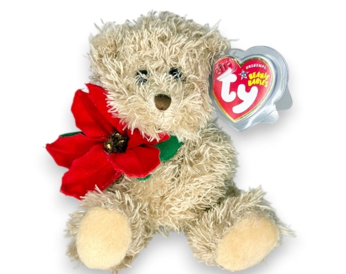 2005 Holiday Teddy | Poinsettia Christmas Bear | Mint Heart Tag TY Beanie Baby