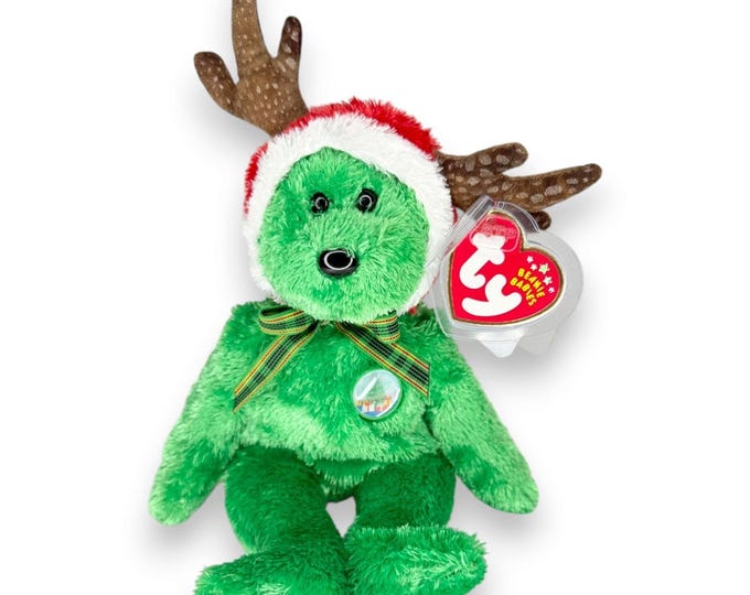 2002 Holiday Bear | Reindeer Christmas | Mint Heart Tag TY Beanie Baby