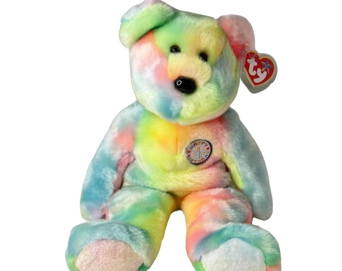 B.B. Bear | Birthday Rainbow Bear | Mint Heart Tag TY Beanie Buddy