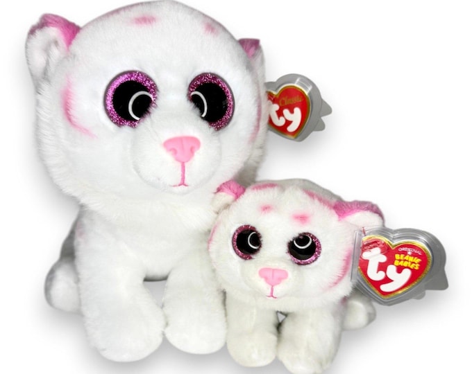 Tabor the White Tiger Duo | Pink Striped Cuties | Mint Heart Tags TY Beanie Set