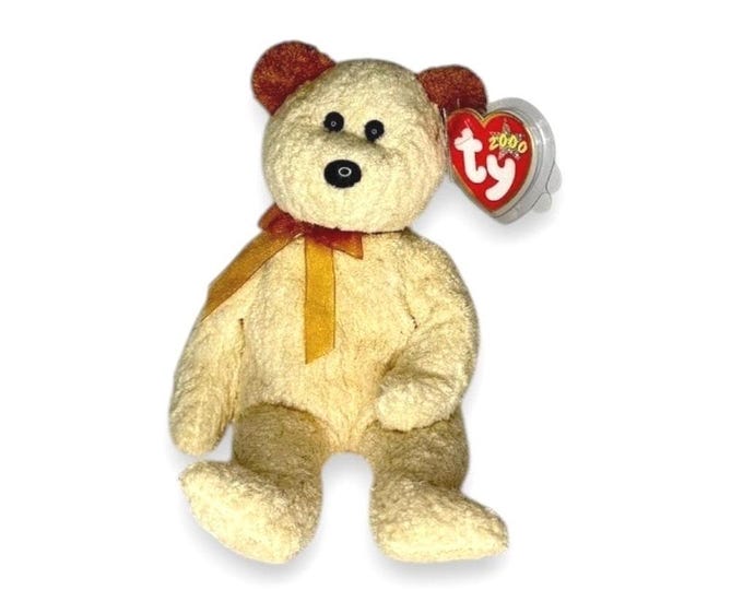 Huggy the Bear | Golden Ribbon Cuddler | Mint Heart Tag TY Beanie Baby