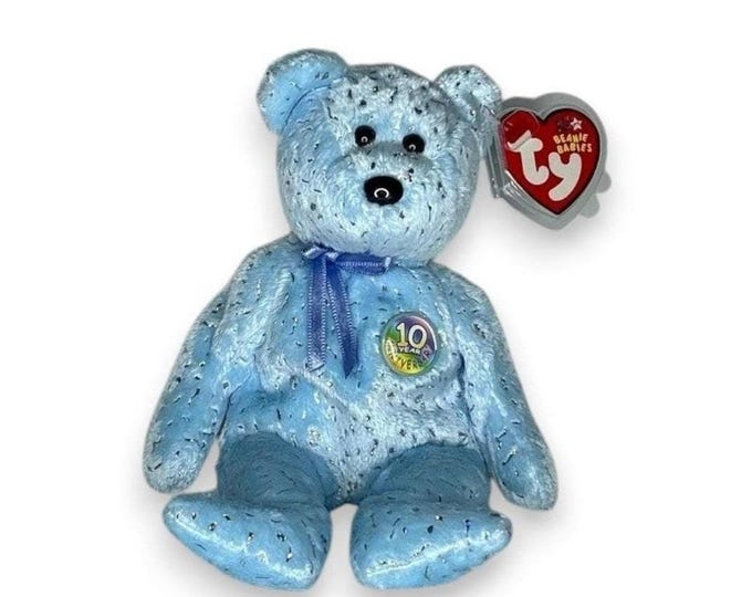 Decade the Bear | Light Blue Anniversary Sparkle | Mint Heart Tag TY Beanie Baby