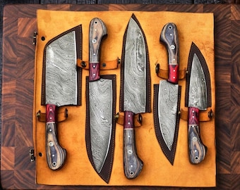 Handgemaakte koksmessenset van damaststaal | Collectie 5-delige keukenmessen met volledige tang | Cadeau voor chef-kok | Jubileumcadeau
