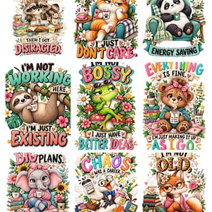 May include: A collection of nine colorful illustrations featuring various animals including a raccoon, cat, panda, sloth, frog, bear, elephant, duck, and fox, each accompanied by whimsical text phrases like I had a plan then I got distracted.