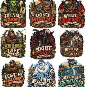 Op de afbeelding: Een verzameling van negen kleurrijke stickers met cryptiden en mythische wezens, waaronder een alien, een gremlin, de Jersey Devil, Bigfoot, Mothman, een Yeti en het monster van Loch Ness, elk met unieke teksten en gedetailleerde bosachtergronden.