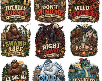 May include: A collection of nine colorful stickers featuring cryptids and mythical creatures including an alien, a gremlin, the Jersey Devil, Bigfoot, Mothman, a Yeti, and the Loch Ness Monster, each with unique text captions and detailed forest or swamp backgrounds.