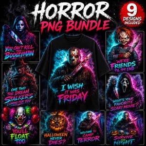 May include: A black t-shirt featuring a central graphic of a hockey-masked figure with the text I WISH IT WAS FRIDAY, surrounded by eight horror-themed illustrations including a pumpkin, a clown, and various masked figures with knives.