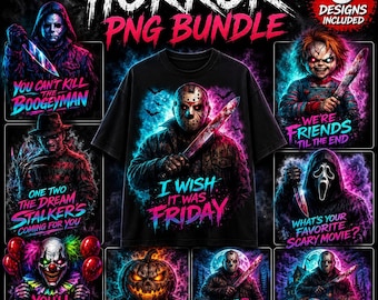Pacote de imagens PNG de personagens de terror, arte de filme de terror neon (download digital)