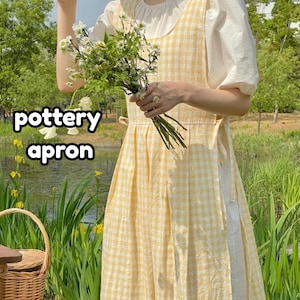 Gingham Schürze Schürze Kleid | Cottagecore Leinen Überkleid, kariertes Prairie Style |Keramikschürze
