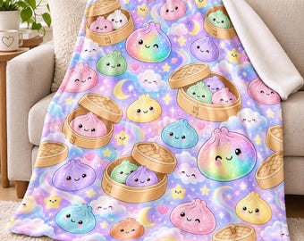 Kawaii Dumpling Blanket, Cute Food Fleece Throw, Pastel Rainbow Kids Bedroom Decor, Dumpling Lover Gift for Girl