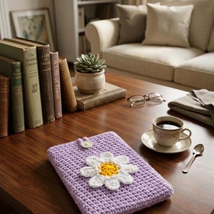 May include: A rectangular, light purple crochet sleeve featuring a large, white, six-petaled flower with a textured yellow center attached to the front. The sleeve includes a small, light-colored button closure at the top center for securing the opening.