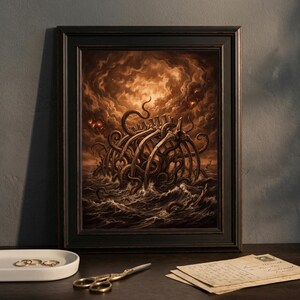 May include: A framed wall art print featuring a dark, sepia-toned illustration of a skeletal ship hull entwined with multiple tentacles amidst a stormy, turbulent ocean under a cloudy, dramatic sky with glowing embers in the atmosphere.