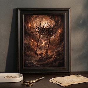 May include: A framed wall art print featuring a dark, surreal illustration of a glass hourglass surrounded by swirling brown and orange clouds, with a cluster of dark tentacles emerging from the top, set against a stormy, turbulent sea background.