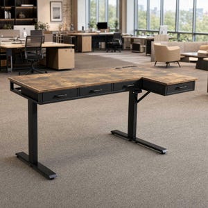 May include: An L-shaped standing desk with a rustic brown wood-grain surface and a black metal frame. The desk features three integrated drawers with black handles and a digital control panel on the right side for height adjustment settings.