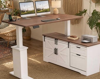 Electric standing desk with barn door cabinet Farmhouse l shaped desk For home office