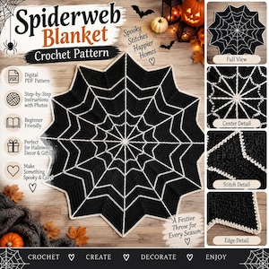 May include: A digital crochet pattern for a spiderweb blanket featuring a black circular design with white web lines. The image includes text such as Spiderweb Blanket, Crochet Pattern, Spooky Stitches Happier Homes, and details on PDF instructions.
