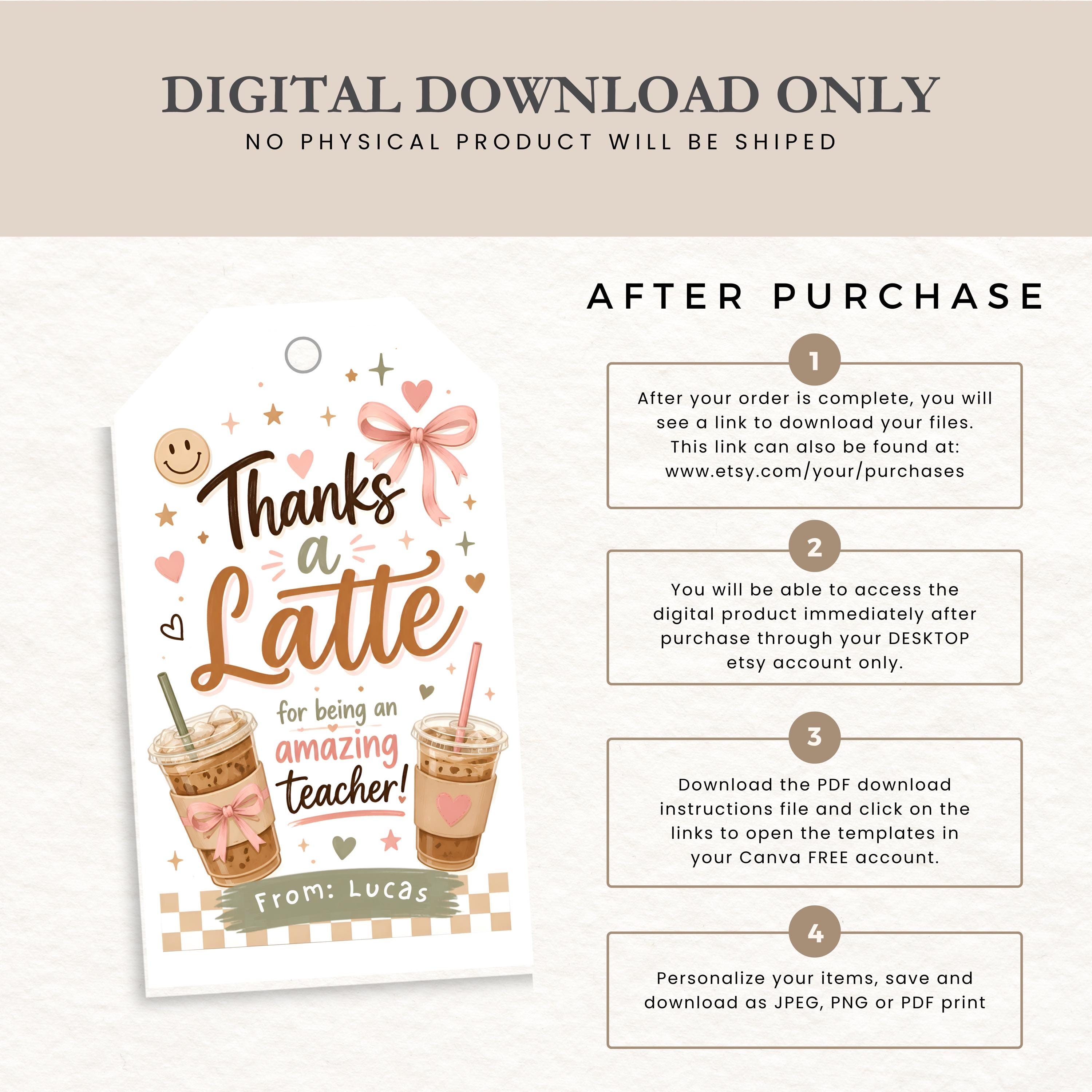 Personalized Thanks A Latte Teacher Gift Tag Canva Printable Template ...