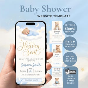 May include: A smartphone displays a baby shower website template with a teddy bear illustration. The design includes event details, RSVP information, and a gift registry. Additional features include a Canva template and a baby shower games bundle.