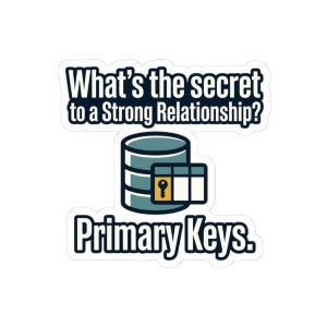 Könnte beinhalten: Ein weißer Aufkleber mit dem Text "What's the secret to a Strong Relationship?" über einem Datenbank-Symbol und dem Text "Primary Keys". Das Datenbank-Symbol ist türkis und der Schlüssel ist gelb.